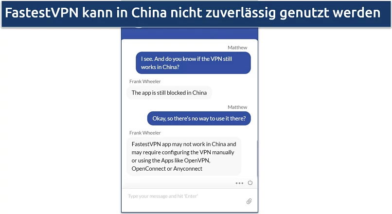 Screenshot eines Gesprächs mit dem Support-Team von FastestVPN, bei dem sie behaupteten, dass die App in China nicht verwendet werden kann