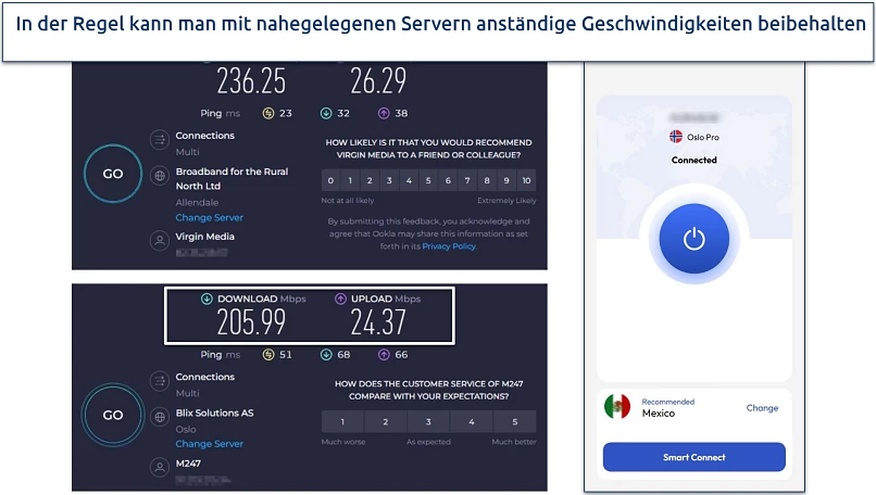 Screenshot von Ookla-Geschwindigkeitstests ohne VPN-Verbindung und während der Verbindung zum FastestVPN-Server in Norwegen