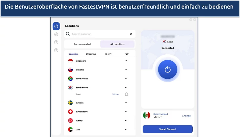 Screenshot der Windows-App von FastestVPN, der die Serverliste hervorhebt