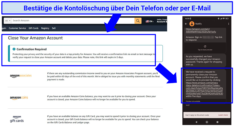 Screenshot showing how to confirm Amazon account deletion