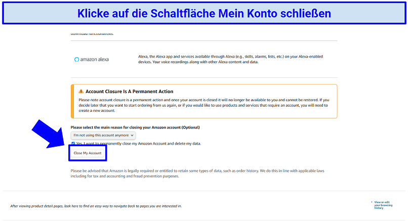 Screenshot of Amazon's account deletion page