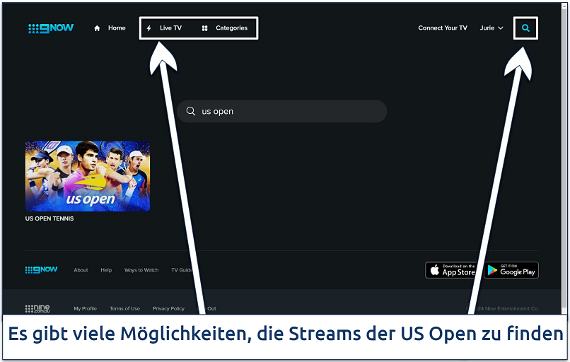 Screenshot of the 9Now streaming categories page with the navigation menu and search highlighted