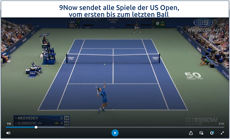 Screenshot of streaming the US Open on 9Now