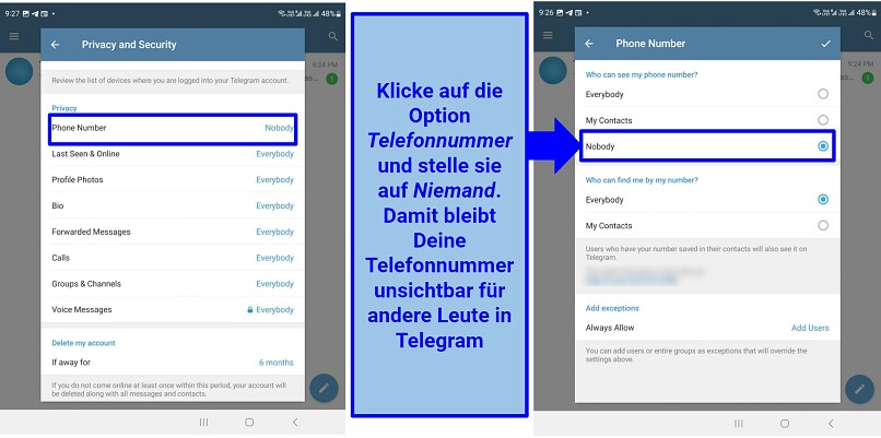 Screenshot of Telegram's Phone Number settings