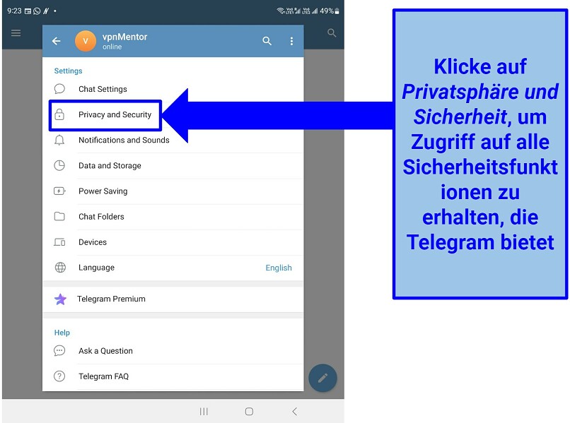 Screenshot of Telegram's settings panel