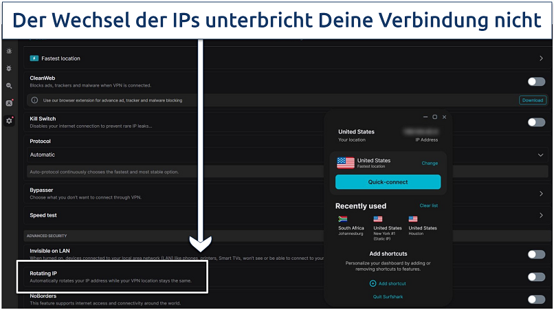 A screenshot showing Surfshark's Rotating IP feature that refreshes IP addresses every few minutes