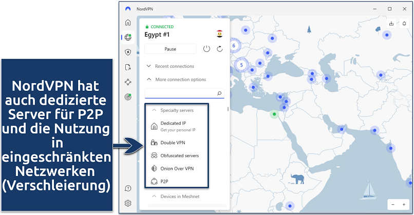 Screenshot of the NordVPN app showing its specialty servers while connected to an Egypt server