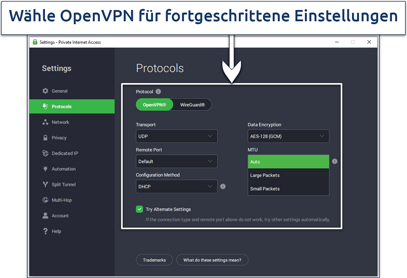 Screenshot of the PIA app showing available connection settings under the OpenVPN protocol