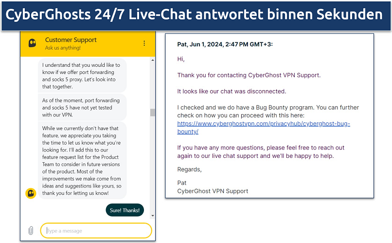 Screenshot of a chat with CyberGhost's customer support