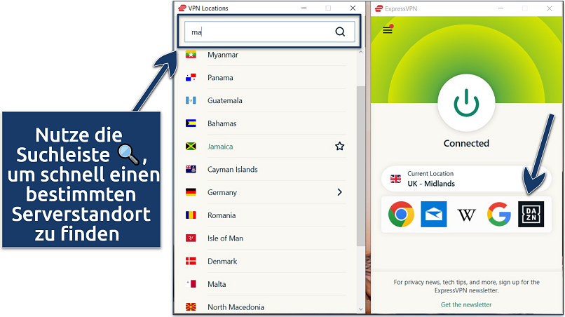 A screenshot showing how easy it's to search and connect to a server with ExpressVPN, along with saved shortcuts for quick access