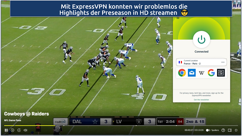 A screenshot showing streaming NFL Game Pass on DAZN while connected to ExpressVPN's France server