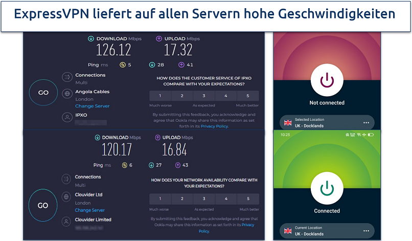 Screenshot of ExpressVPN's speed test results on Android