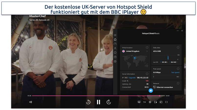 Screenshot of Hotspot Shield's free UK server working to stream MasterChef on BBC iPlayer