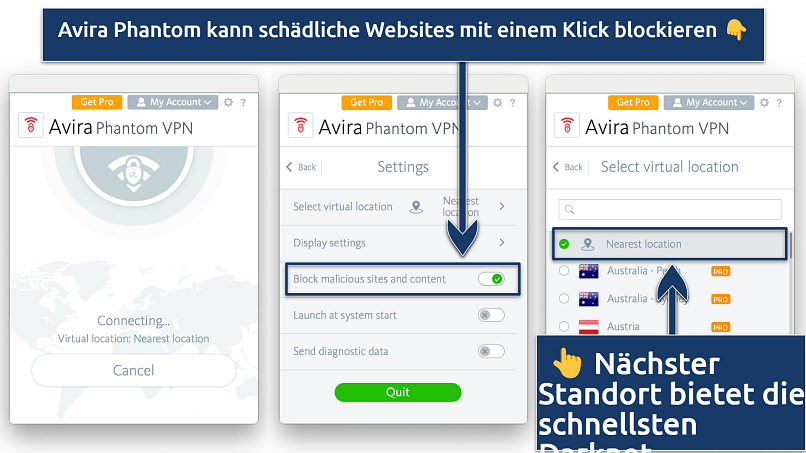 Screenshot showing the 3 interfaces of the Avira Phantom VPN app