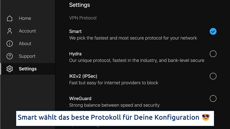 Screenshot showing the selection of protocols on the Hotspot Shield app