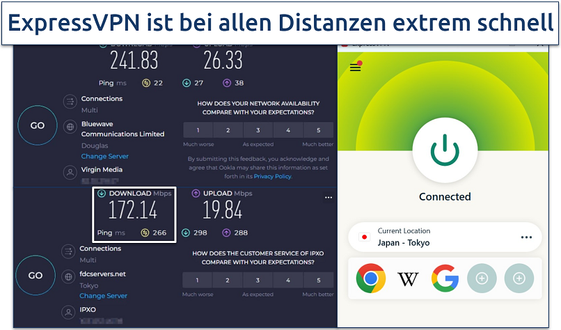 An image showing ExpressVPN's speed test results from the UK to Japan