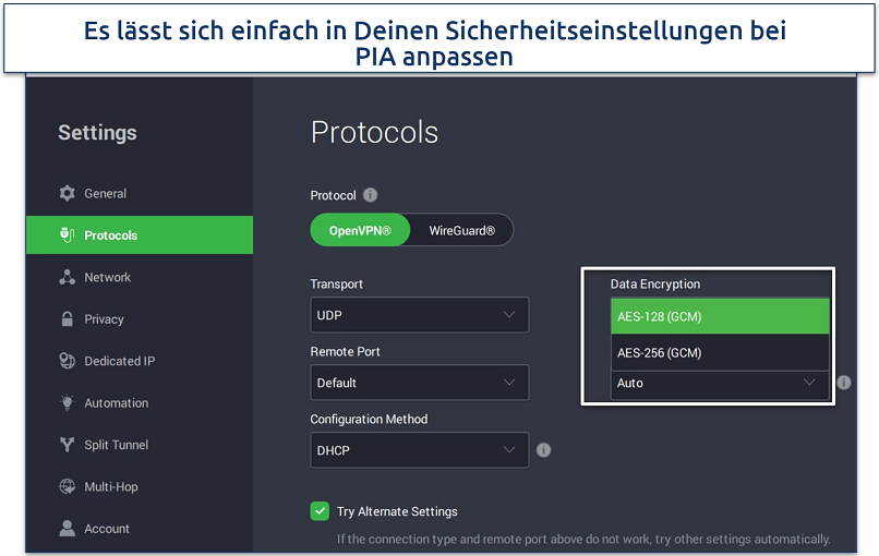 An image showing PIA customizable security features on a Windows app