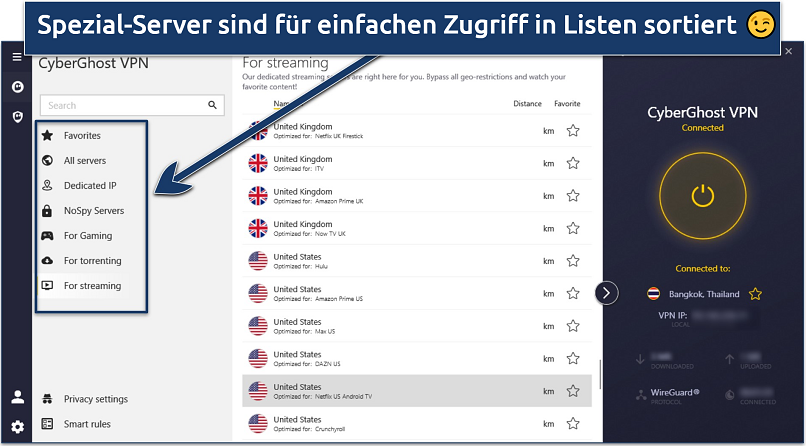 Screenshot of CyberGhost's Windows app connected to Thailand and showing streaming-optimized servers