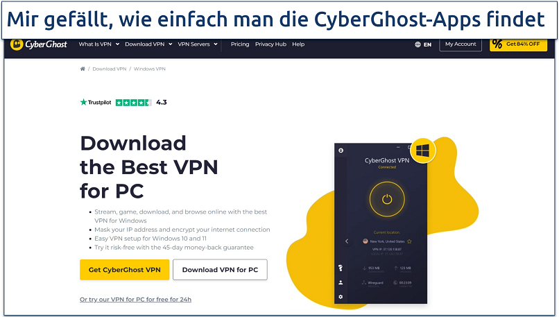 Screenshot of CyberGhost's download page highlighting where to find the Windows app 