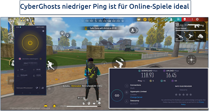 Screenshot of Free Fire gameplay with CyberGhost connected