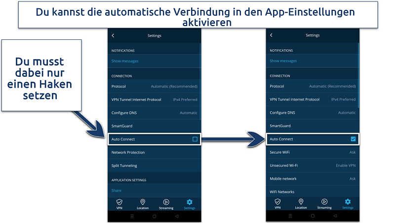 Screenshot showing how to enable Auto Connection on hide.me's Android app