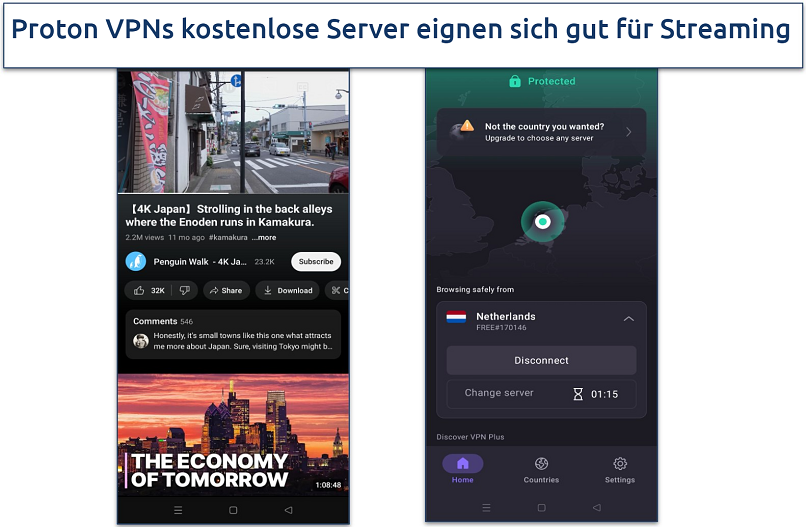A YouTube video streaming on Android with Proton VPN connected