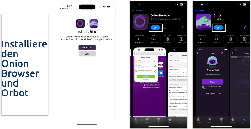 Screenshot of the Onion Browser and Orbot on the Apple's App Store