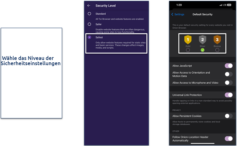 Screenshot of the security settings panel for Tor Browser and Onion Browser