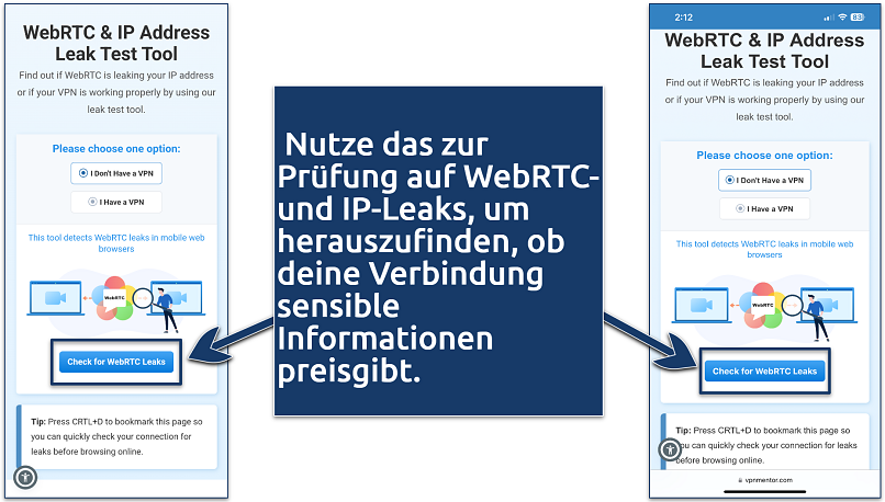 Screenshot of VpnMentor's WebRTC and IP address leak test tool