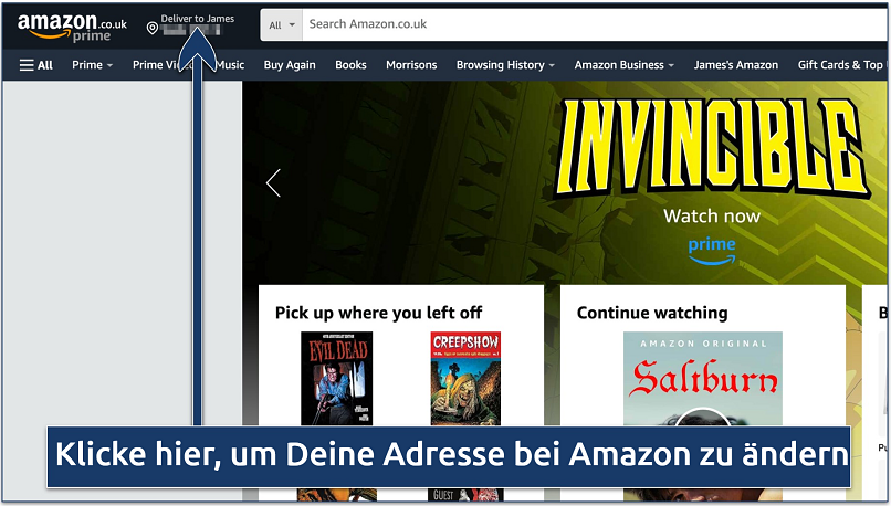 Screenshot showing how to change your address on Amazon