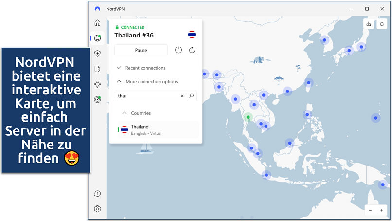 Screenshot of NordVPN's Windows app connected to Thailand, showing its interactive map