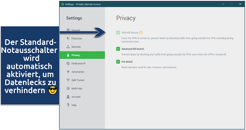 Screenshot of PIA's Windows app showing its privacy settings (kill switch and MACE)