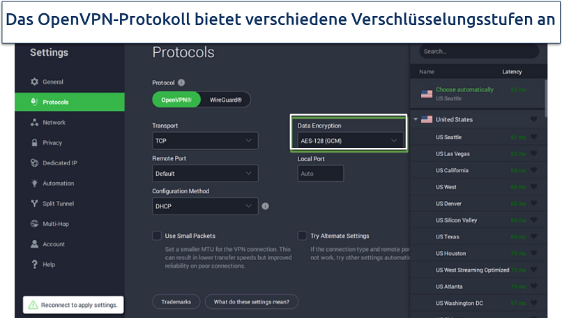 Screenshot of PIA app showing encryption levels