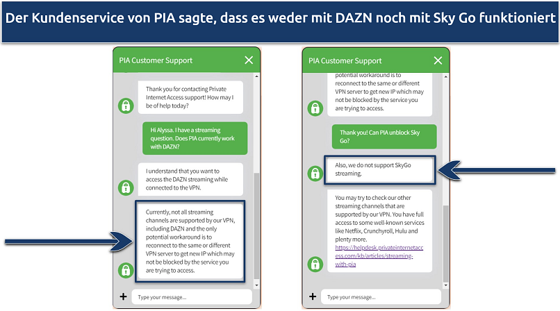 Screenshot of conversation with PIA customer support confirming it doesn't work with Sky Go or DAZN