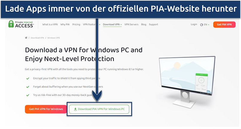 Screenshot showing PIA's download page