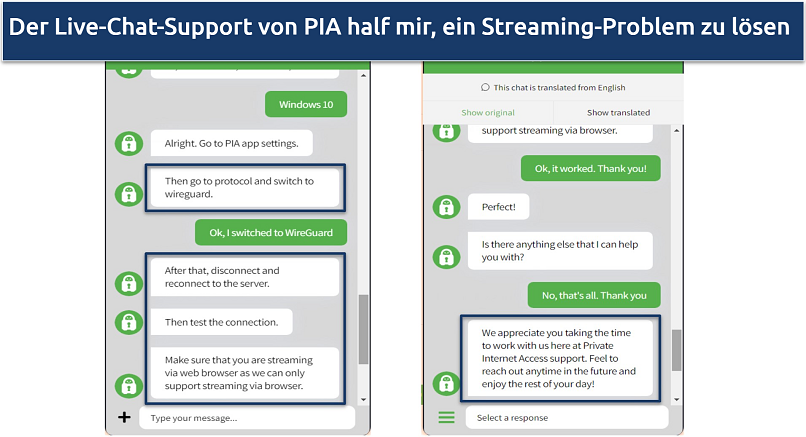 Screenshot of conversation with PIA live chat getting help with streaming issue