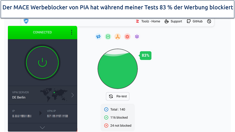 Screenshot of PIA MACE feature blocking ads test results