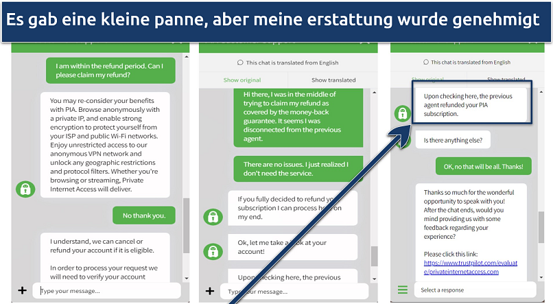 Screenshot of conversation with pia agent requesting refund