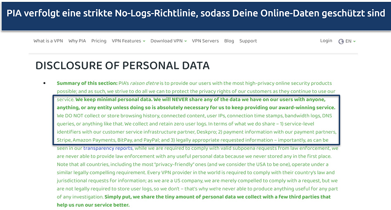 Screenshot of PIA's no logs policy