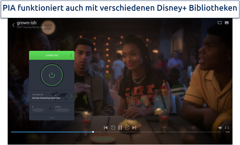 Screenshot of PIA streaming US Disney+ with US East Streaming server