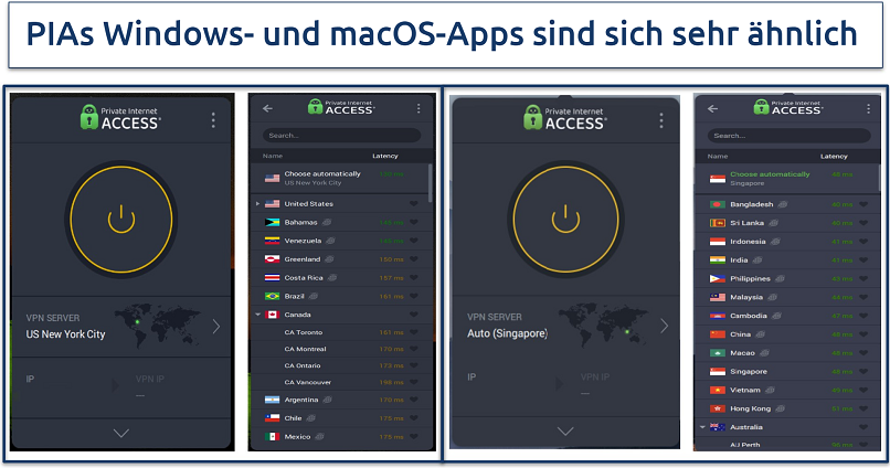 Screenshots showing PIA Windows and macOS app side by side