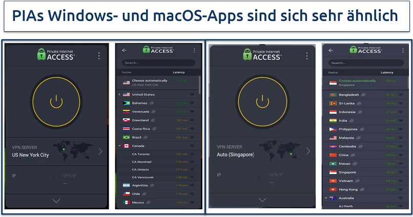 Screenshots showing PIA Windows and macOS app side by side