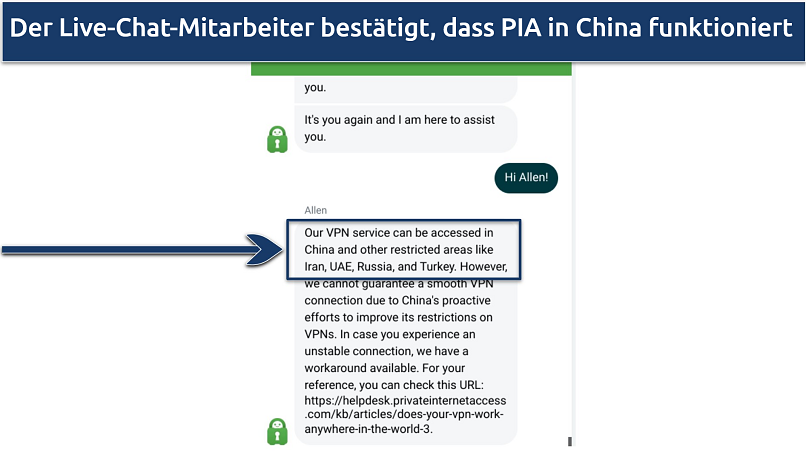 Screenshot of conversation with PIA customer support agent confirming that it works in China