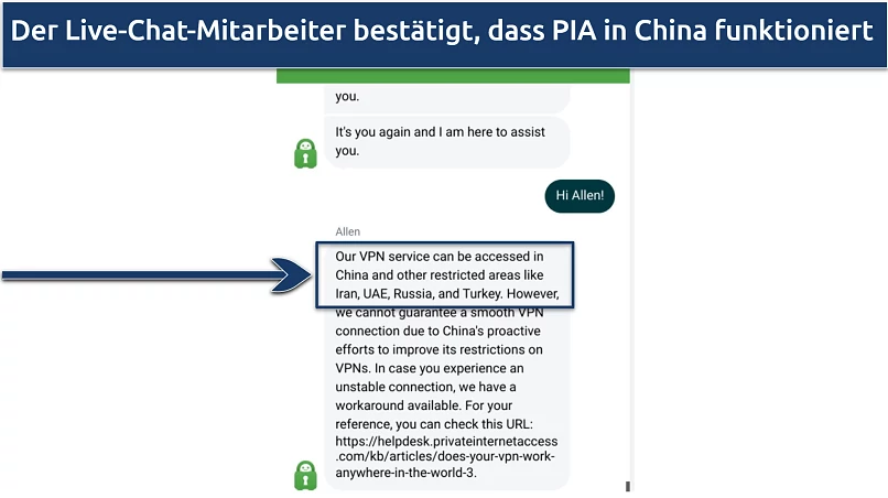 Screenshot of conversation with PIA customer support agent confirming that it works in China