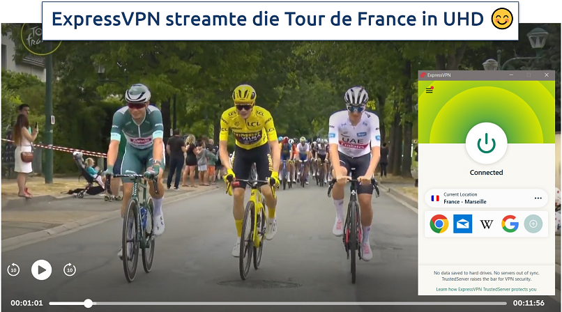 Screenshot of Tour de France on France TV, with ExpressVPN connected to a French server