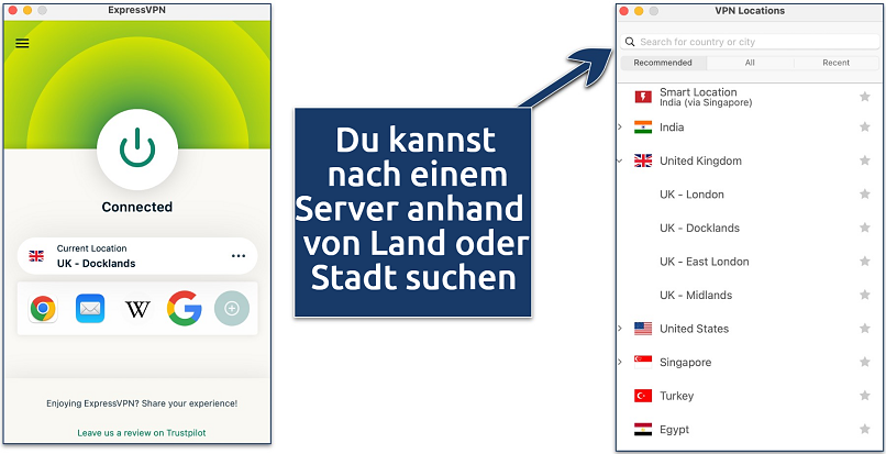 Screenshot showing how to search for a server on ExpressVPN