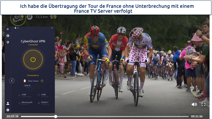 Screenshot of Tour de France on France TV, with CyberGhost connected to a France Paris server