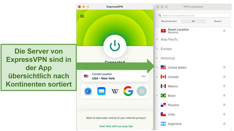 Screenshot der ExpressVPN macOS App mit den Servern