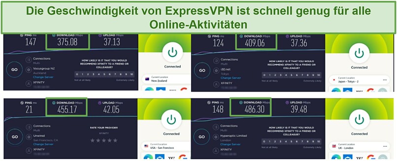 Screenshots vom ExpressVPN-Geschwindigkeitstest auf US-amerikanischen, britischen, neuseeländischen und japanischen Servern