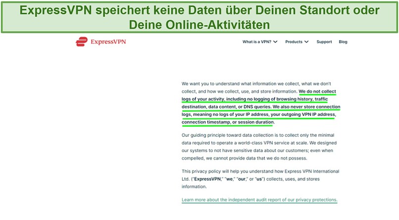 Screenshot der Datenschutzerklärung von ExpressVPN